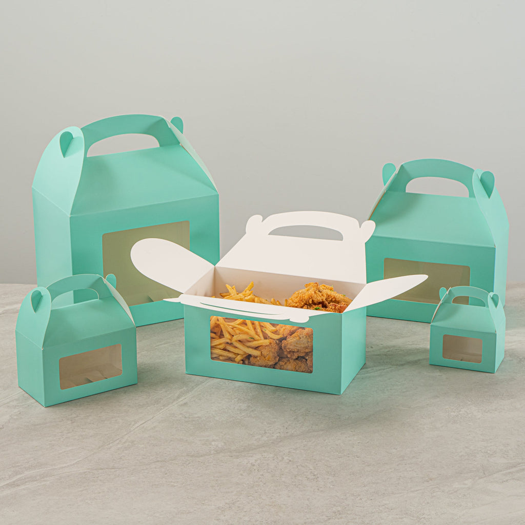 Bio Tek Turquoise Paper Gable Box / Take Out Container - with Window - 9 1/2" x 5" x 5" - 25 count box