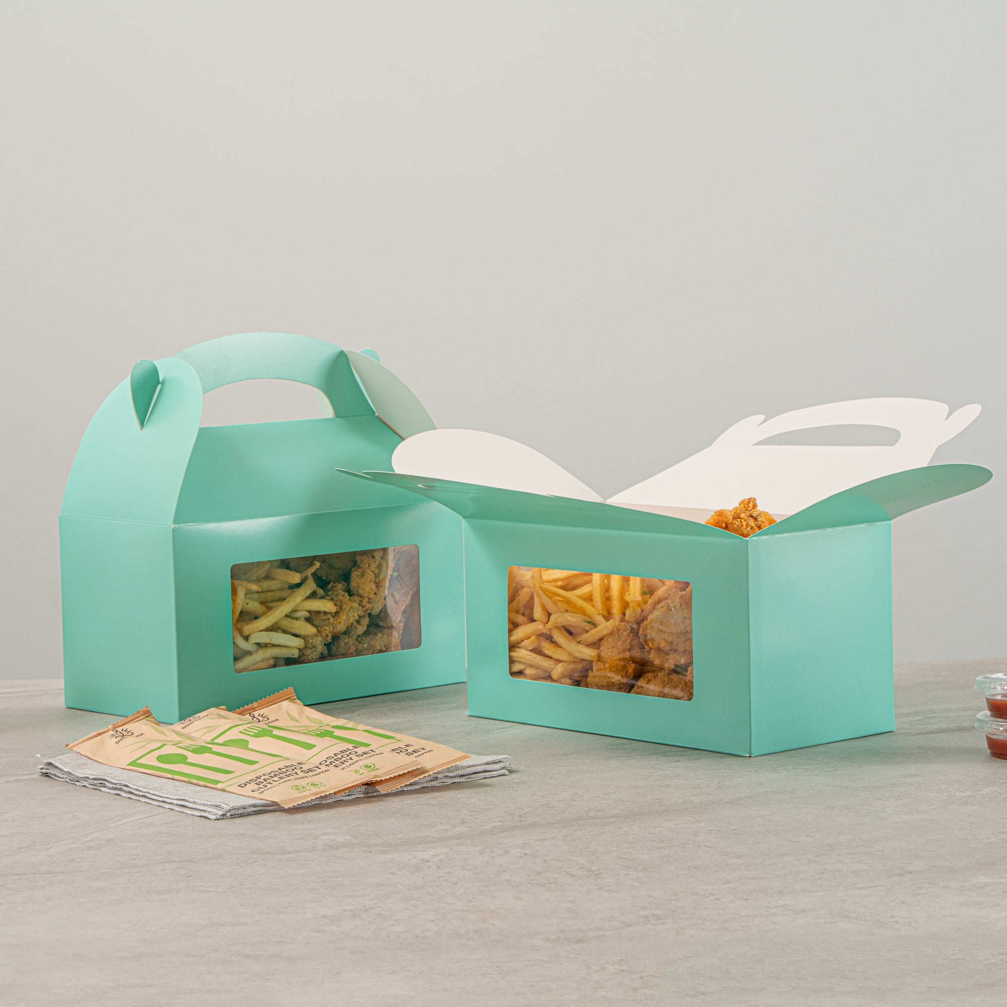 Bio Tek Turquoise Paper Gable Box / Take Out Container - with Window - 9 1/2" x 5" x 5" - 100 count box