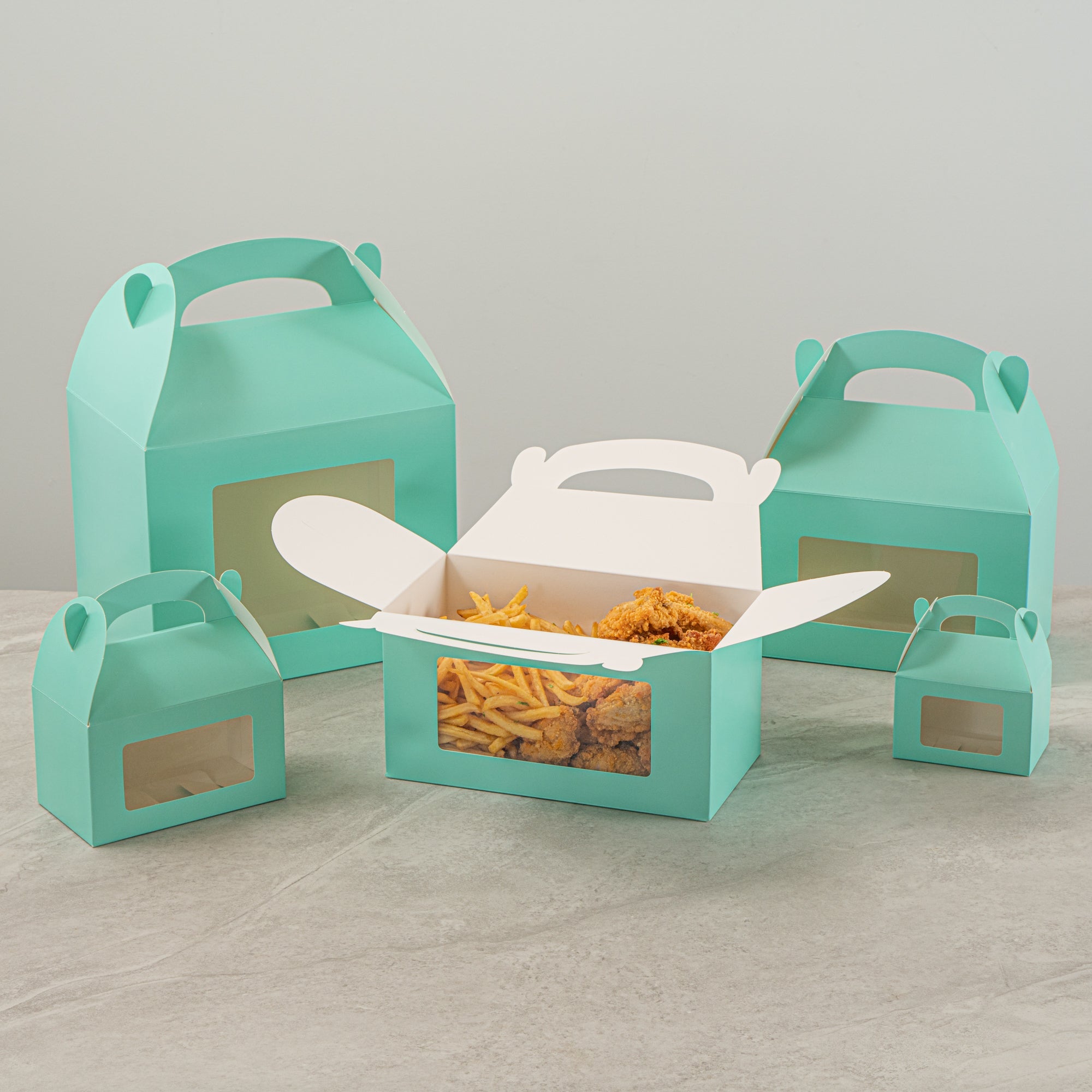 Bio Tek Turquoise Paper Gable Box / Take Out Container - with Window - 9 1/2" x 5" x 5" - 100 count box