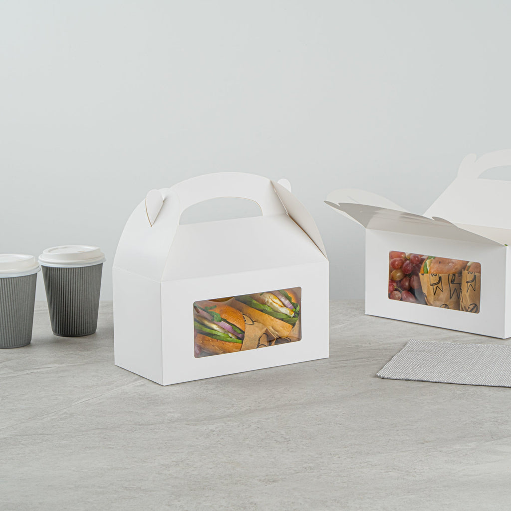 Bio Tek White Paper Gable Box / Take Out Container - Greaseproof, with Window - 9 1/2" x 5" x 5" - 25 count box