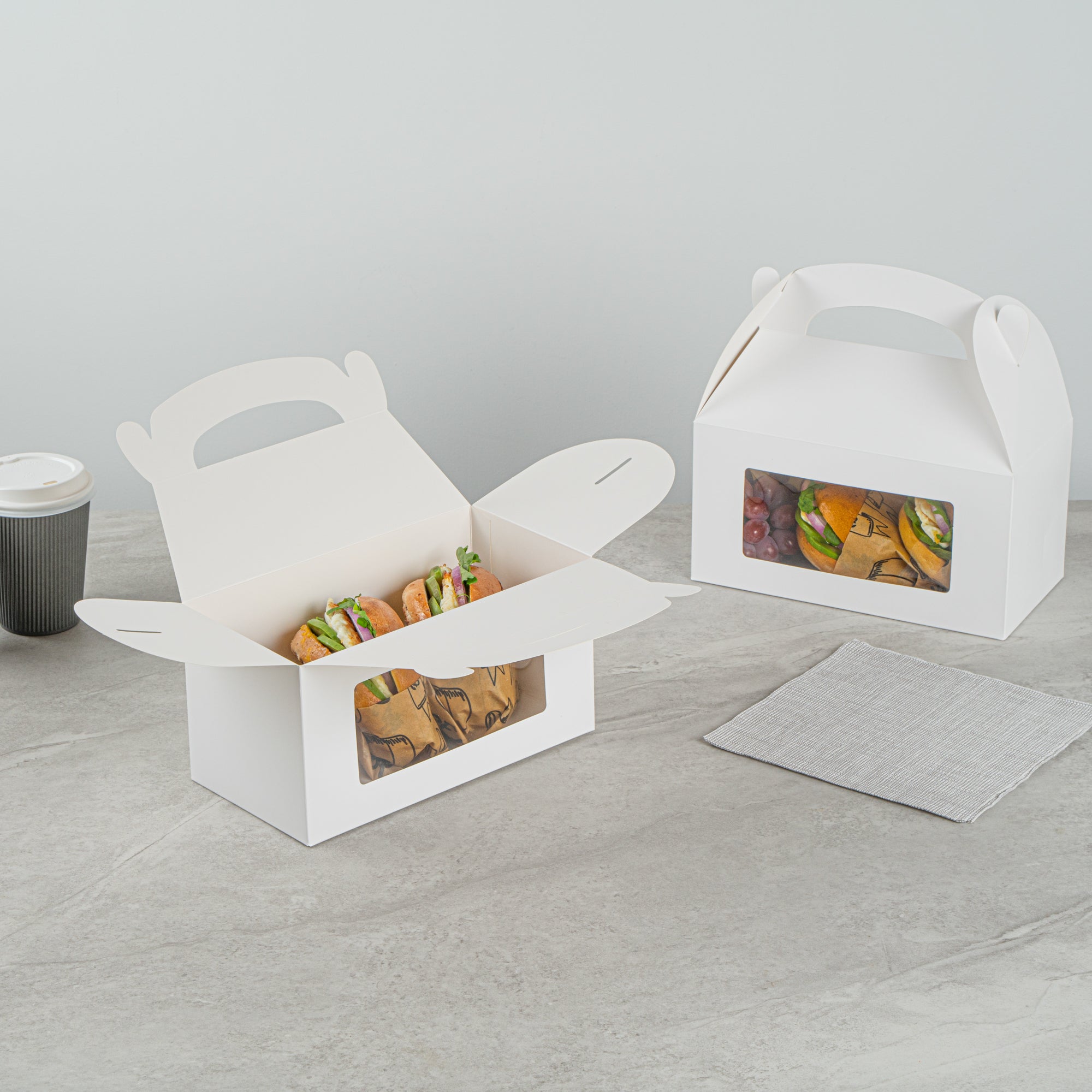 Bio Tek White Paper Gable Box / Take Out Container - Greaseproof, with Window - 9 1/2" x 5" x 5" - 25 count box