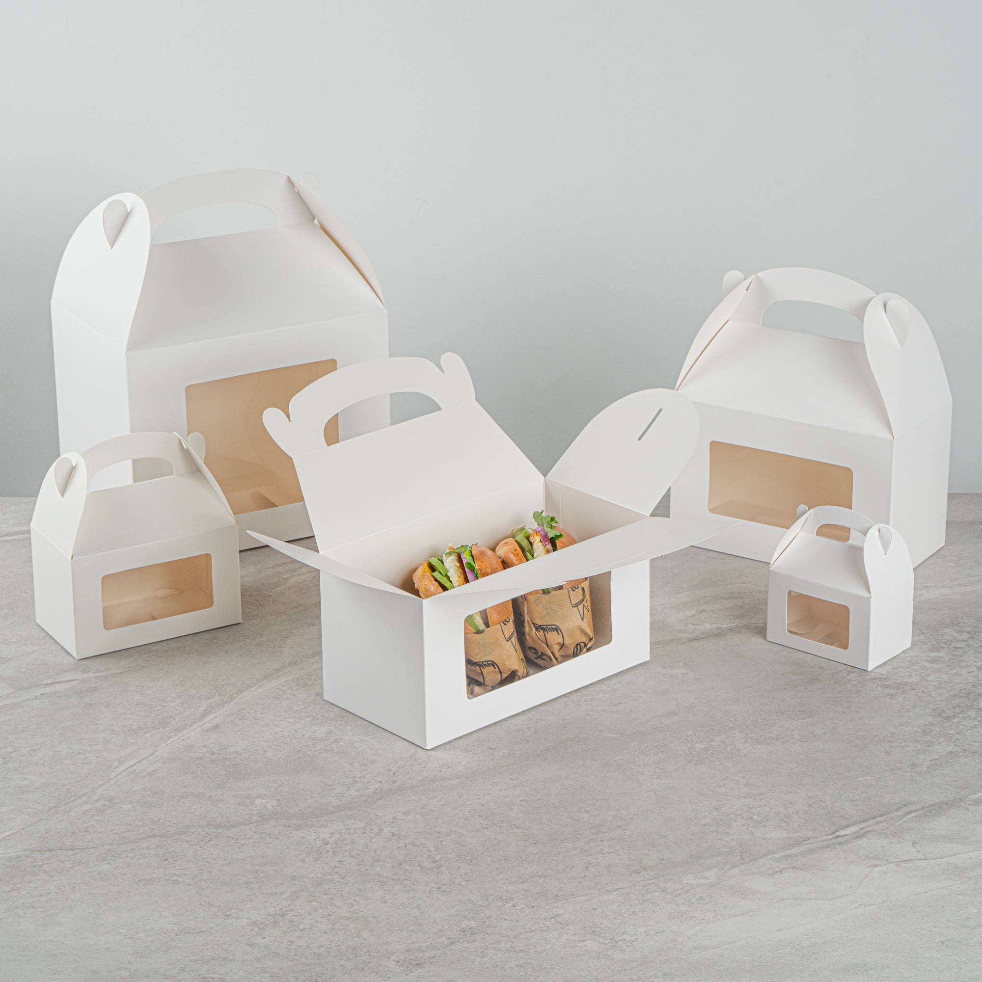 Bio Tek White Paper Gable Box / Take Out Container - Greaseproof, with Window - 9 1/2" x 5" x 5" - 25 count box