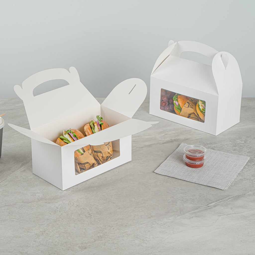 Bio Tek White Paper Gable Box / Take Out Container - Greaseproof, with Window - 9 1/2" x 5" x 5" - 100 count box