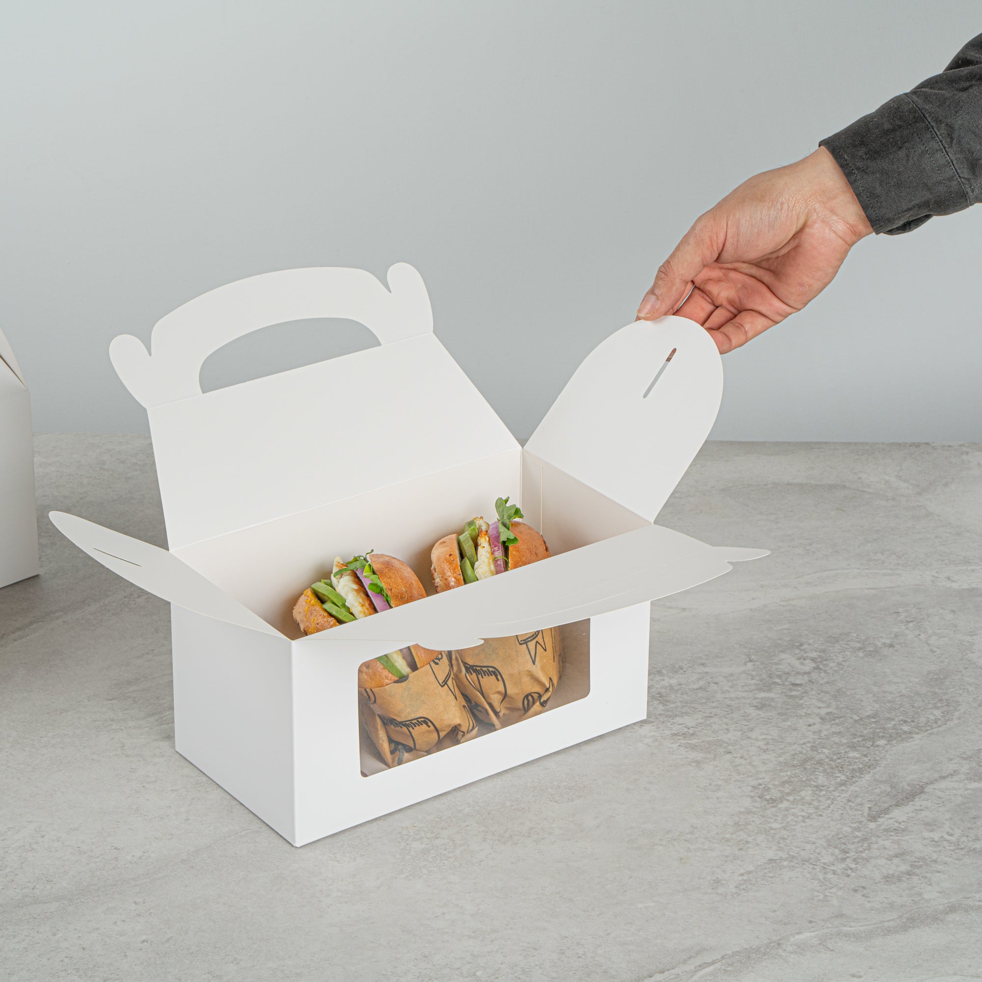 Bio Tek White Paper Gable Box / Take Out Container - Greaseproof, with Window - 9 1/2" x 5" x 5" - 100 count box