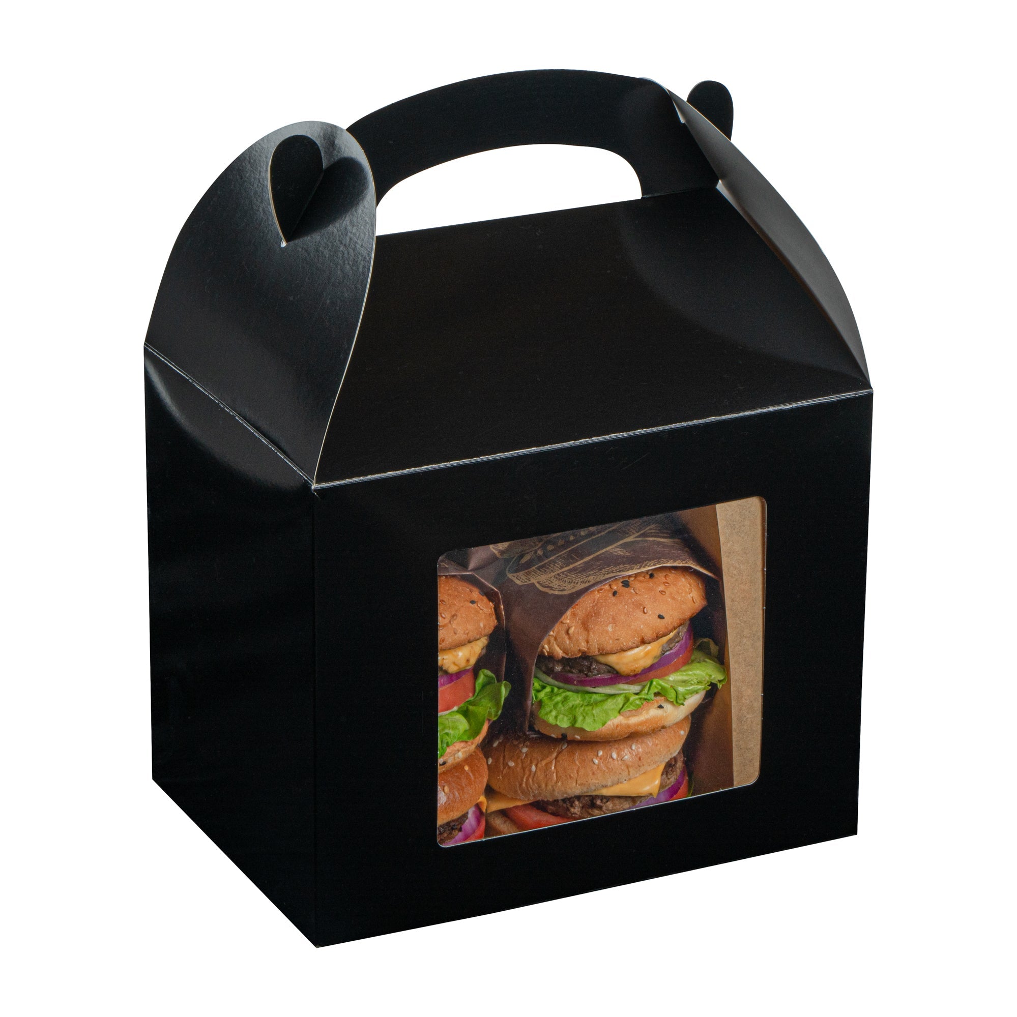 Bio Tek Black Paper Gable Box / Take Out Container - Greaseproof, with Window - 10" x 7" x 8" - 25 count box
