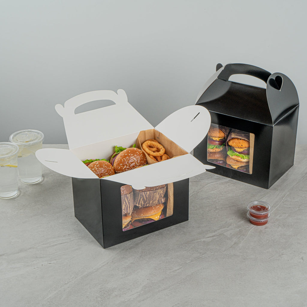 Bio Tek Black Paper Gable Box / Take Out Container - Greaseproof, with Window - 10" x 7" x 8" - 25 count box