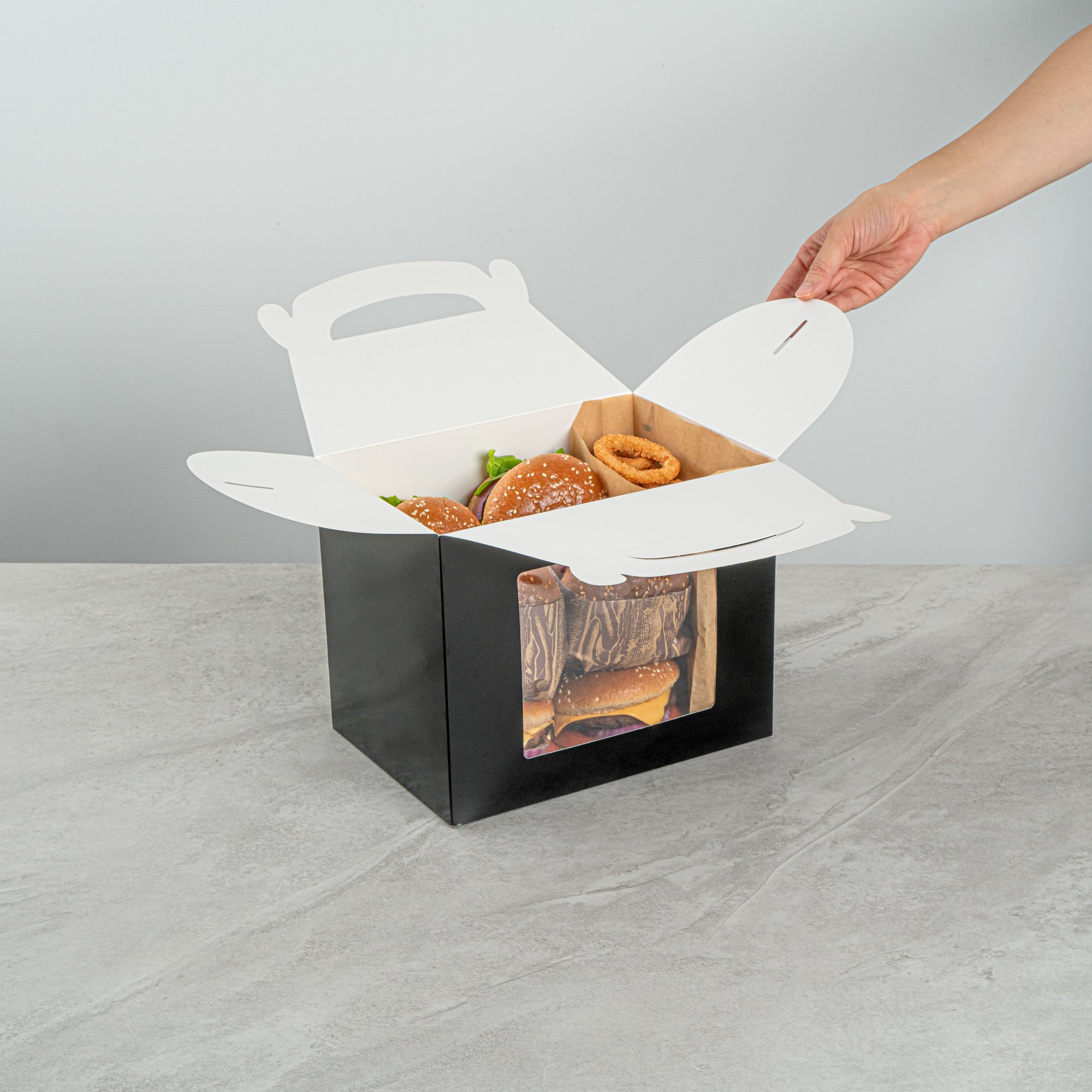 Bio Tek Black Paper Gable Box / Take Out Container - Greaseproof, with Window - 10" x 7" x 8" - 25 count box
