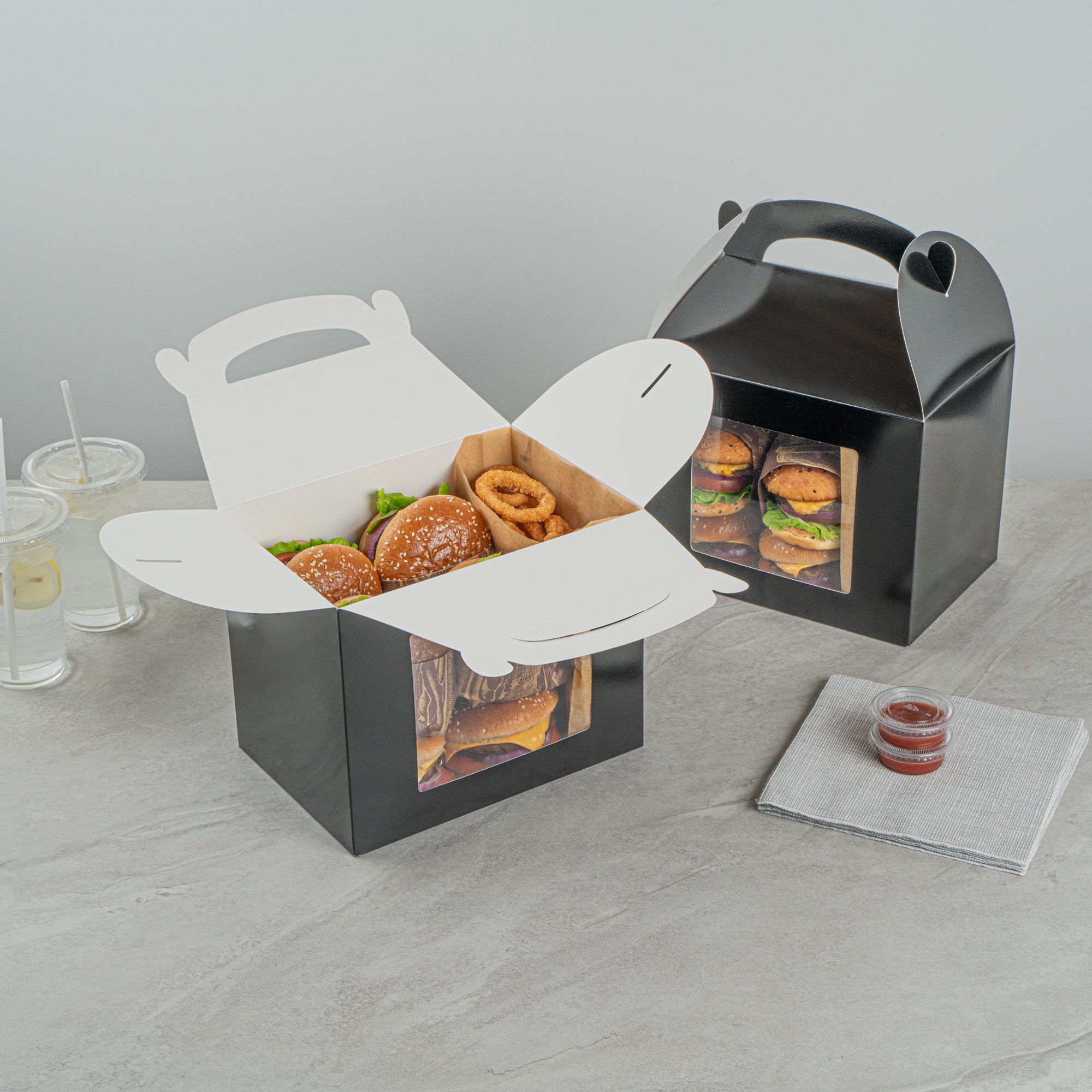 Bio Tek Black Paper Gable Box / Take Out Container - Greaseproof, with Window - 10" x 7" x 8" - 25 count box