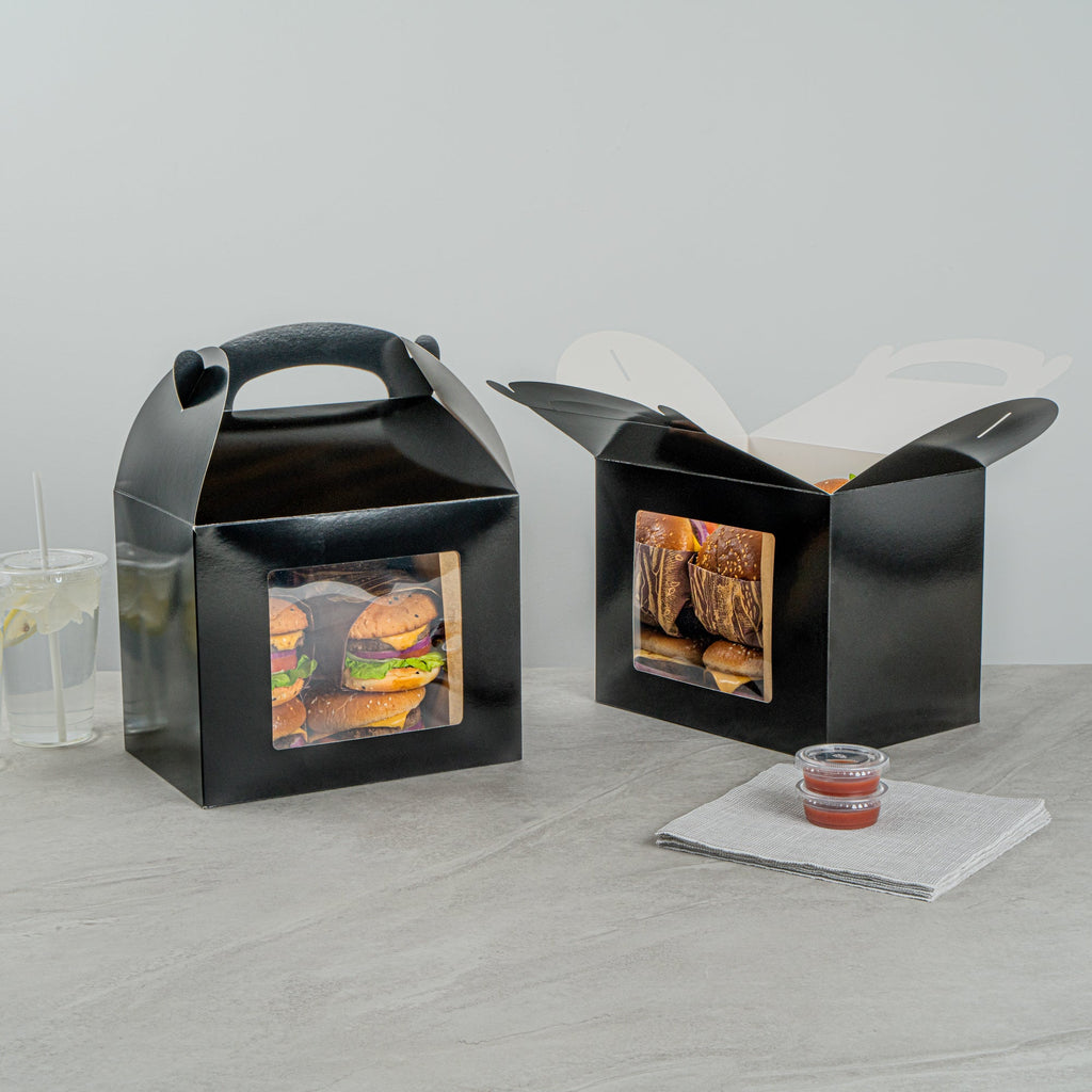 Bio Tek Black Paper Gable Box / Take Out Container - Greaseproof, with Window - 10" x 7" x 8" - 100 count box