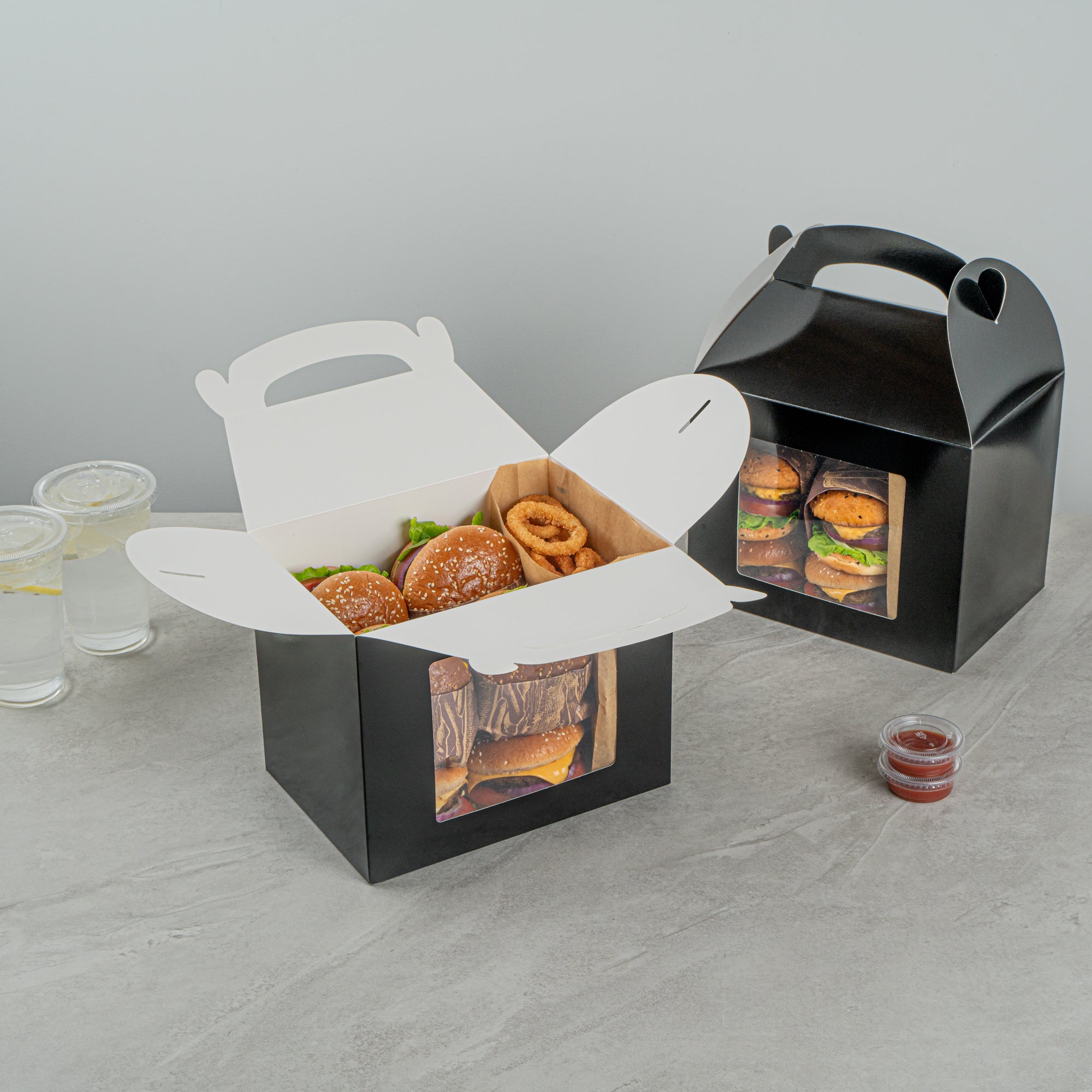 Bio Tek Black Paper Gable Box / Take Out Container - Greaseproof, with Window - 10" x 7" x 8" - 100 count box