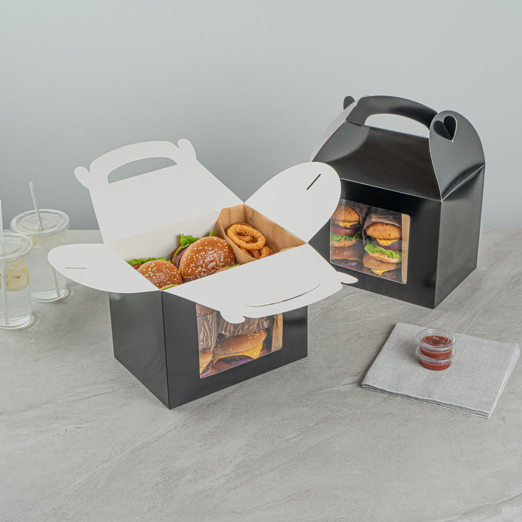 Bio Tek Black Paper Gable Box / Take Out Container - Greaseproof, with Window - 10" x 7" x 8" - 100 count box