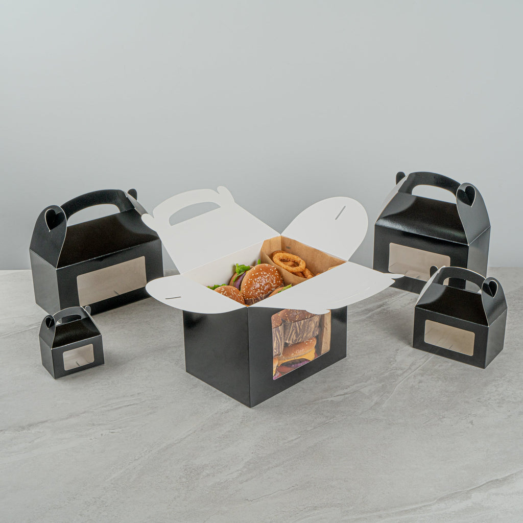 Bio Tek Black Paper Gable Box / Take Out Container - Greaseproof, with Window - 10" x 7" x 8" - 100 count box