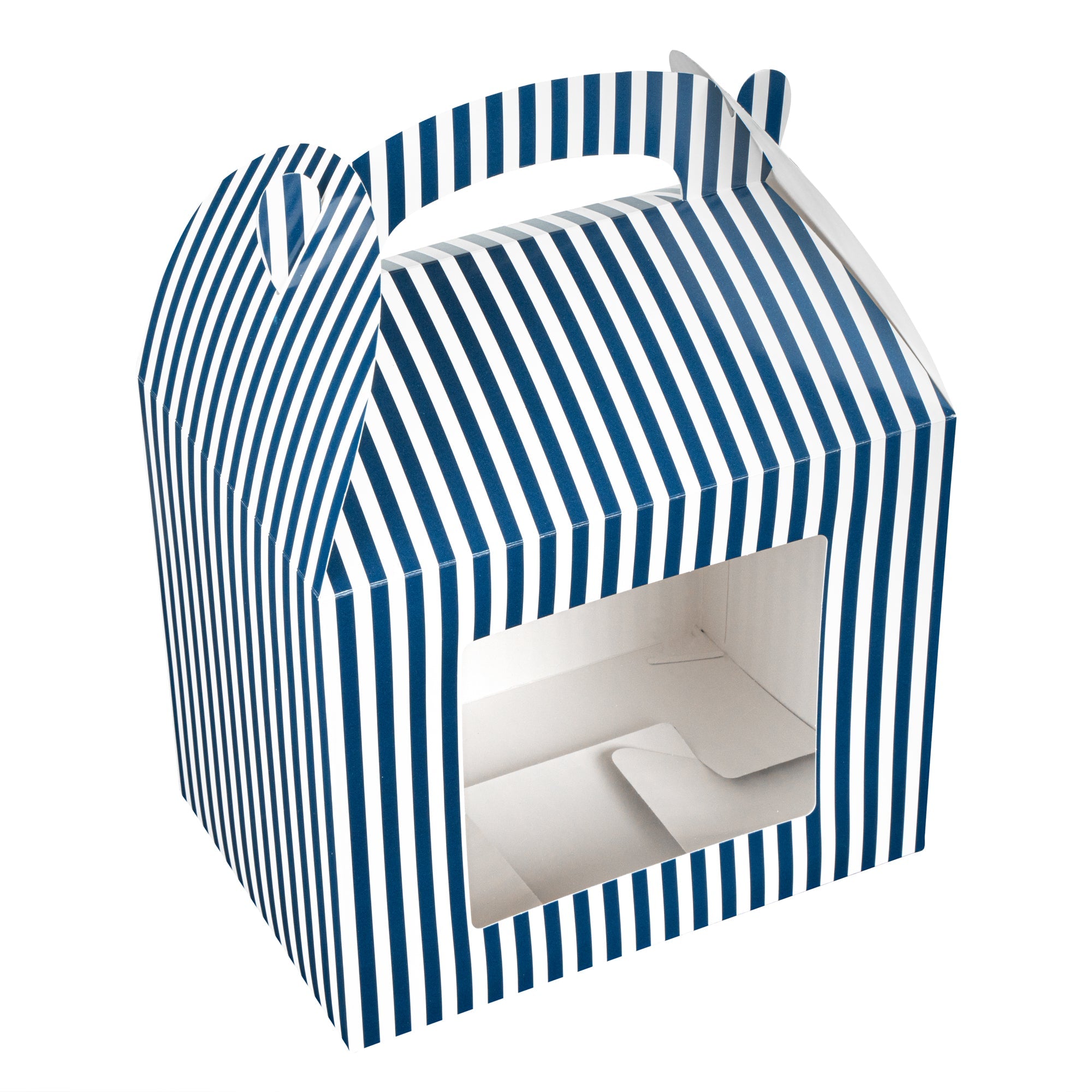 Bio Tek Blue and White Stripe Paper Gable Box / Take Out Container - with Window - 10" x 7" x 8" - 25 count box