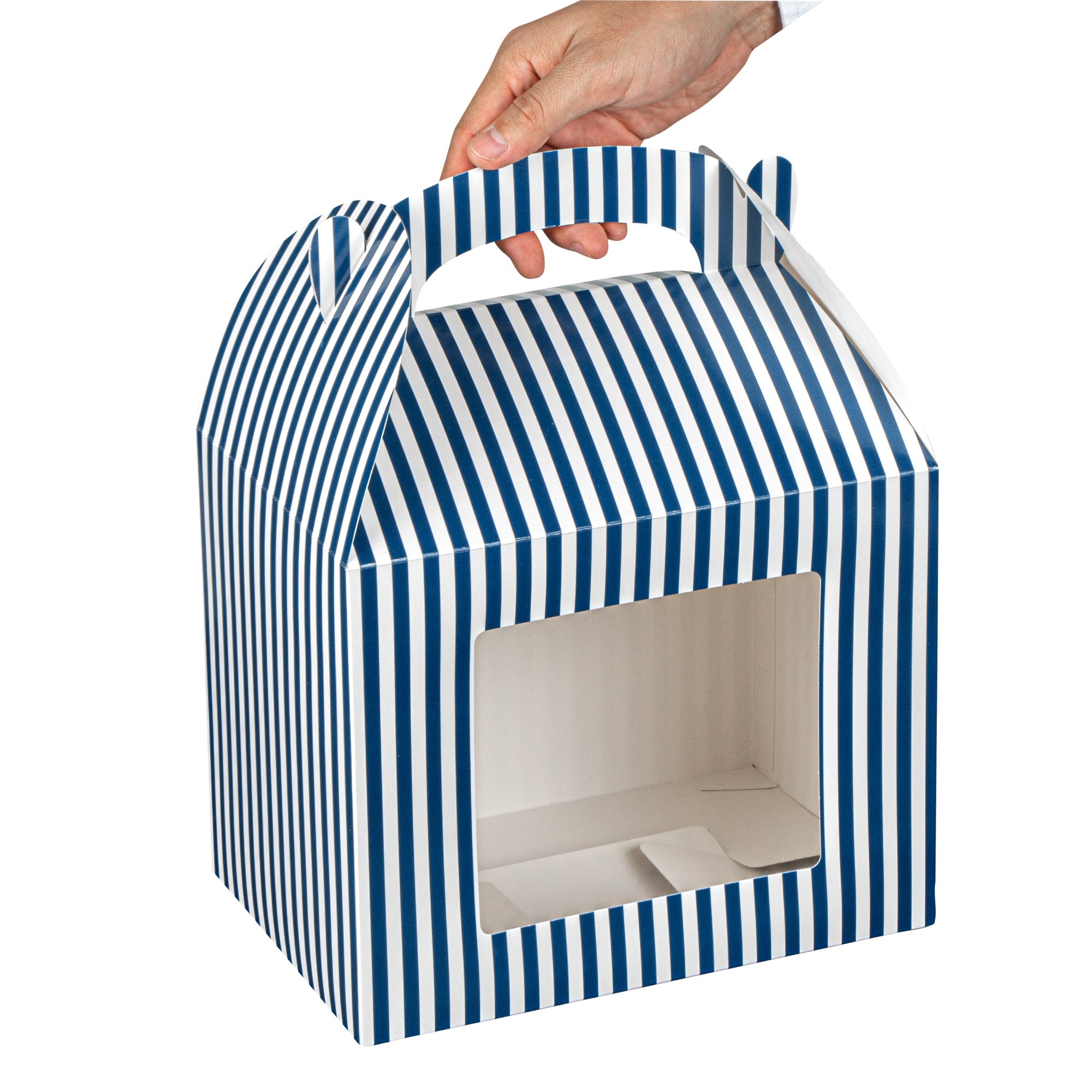 Bio Tek Blue and White Stripe Paper Gable Box / Take Out Container - with Window - 10" x 7" x 8" - 25 count box