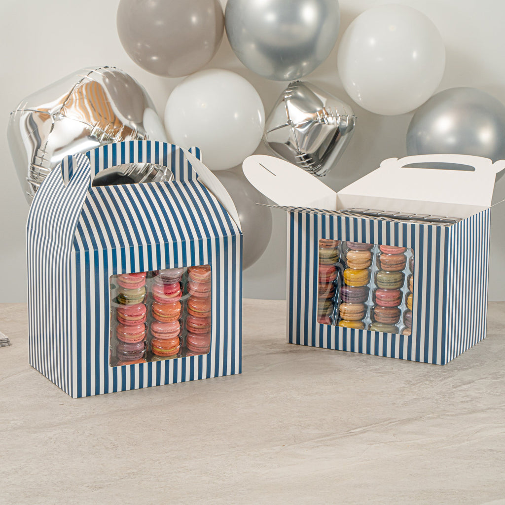 Bio Tek Blue and White Stripe Paper Gable Box / Take Out Container - with Window - 10" x 7" x 8" - 25 count box
