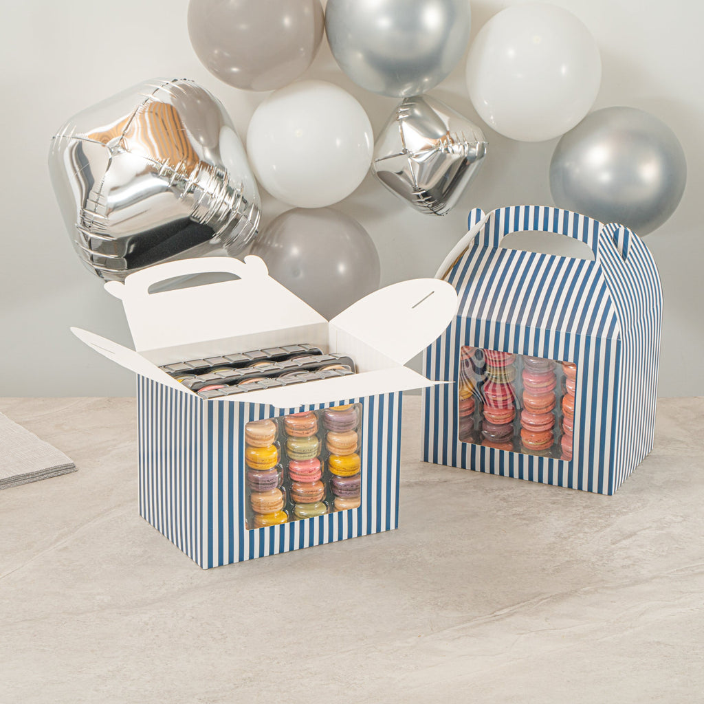 Bio Tek Blue and White Stripe Paper Gable Box / Take Out Container - with Window - 10" x 7" x 8" - 25 count box