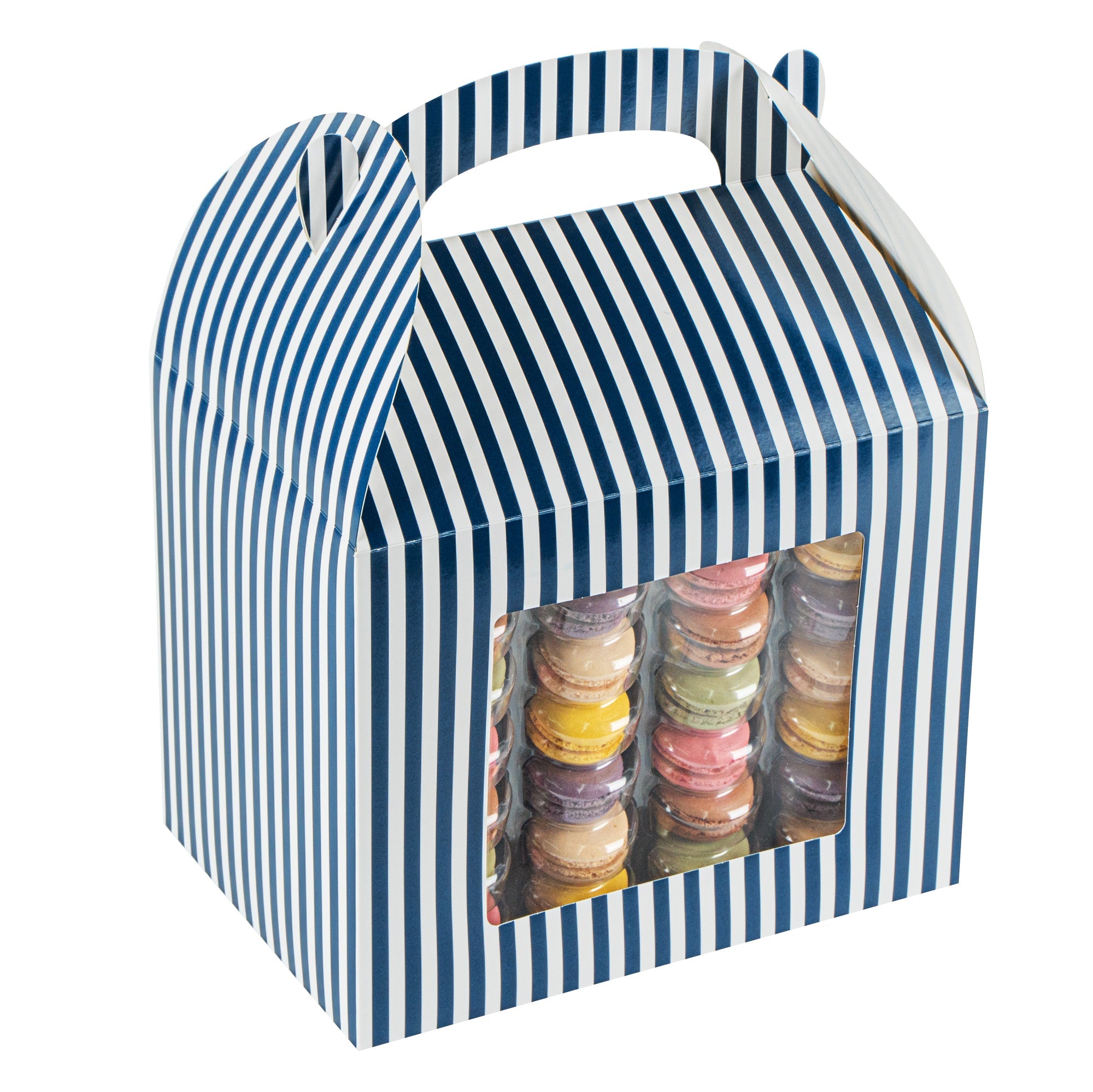 Bio Tek Blue and White Stripe Paper Gable Box / Take Out Container - with Window - 10" x 7" x 8" - 100 count box