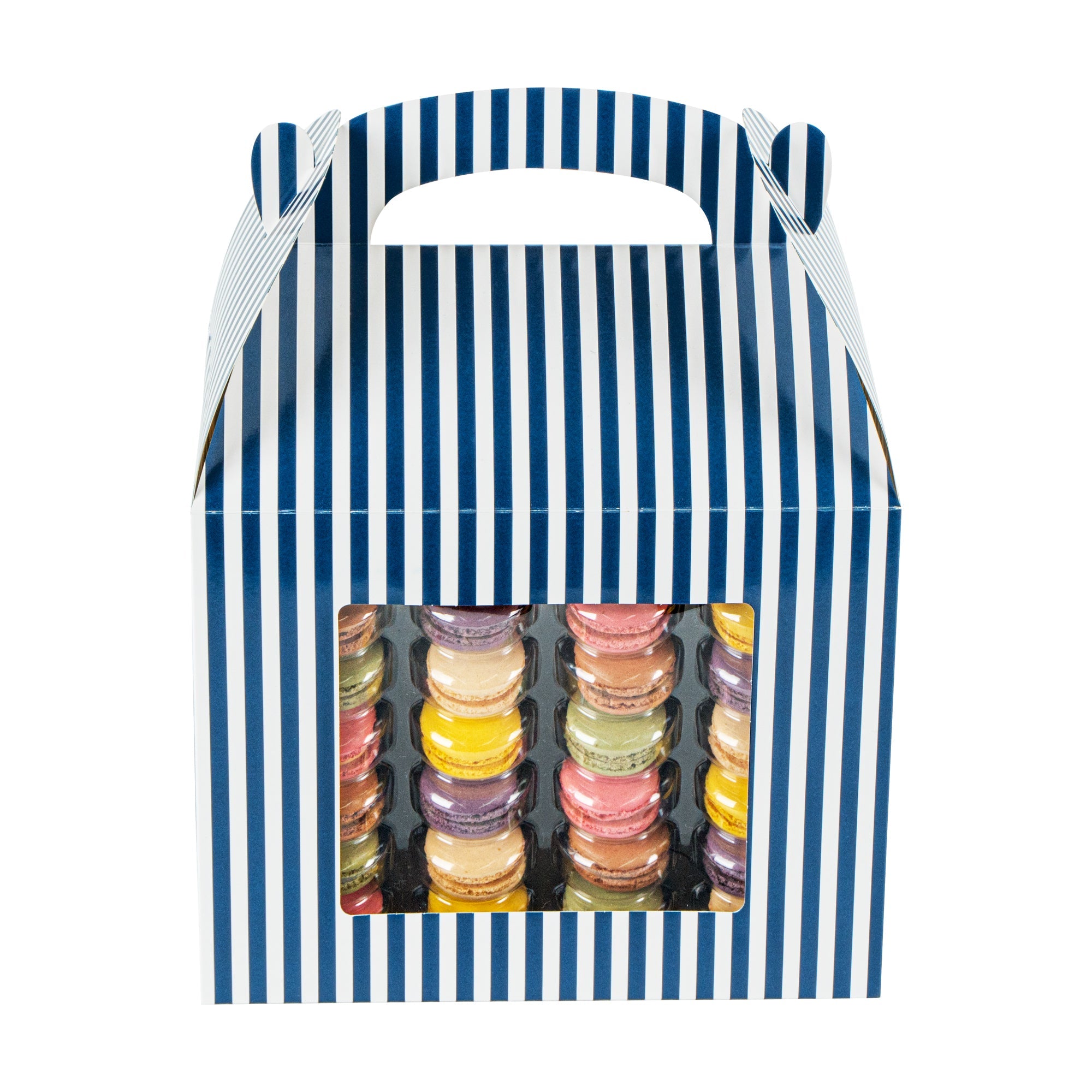 Bio Tek Blue and White Stripe Paper Gable Box / Take Out Container - with Window - 10" x 7" x 8" - 100 count box