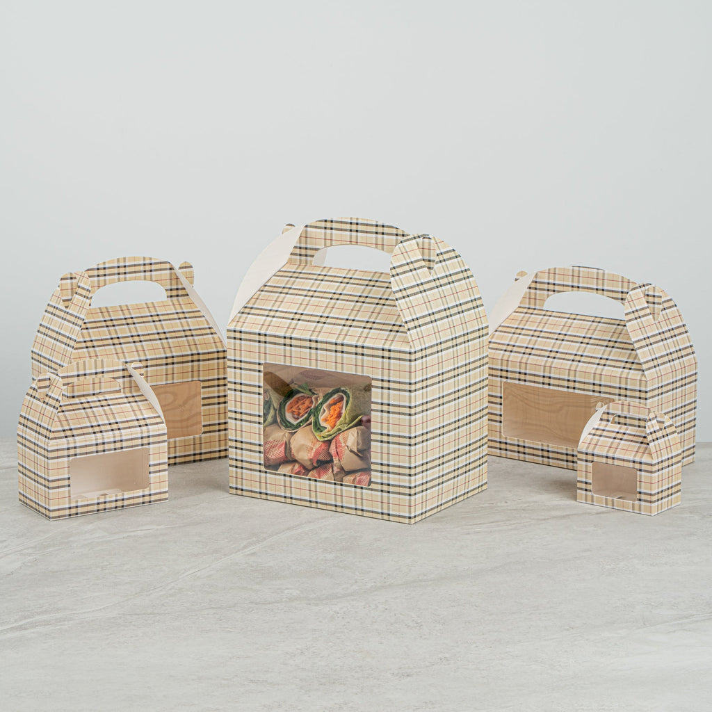 Bio Tek Plaid Paper Gable Box / Take Out Container - with Window - 10" x 7" x 8" - 25 count box