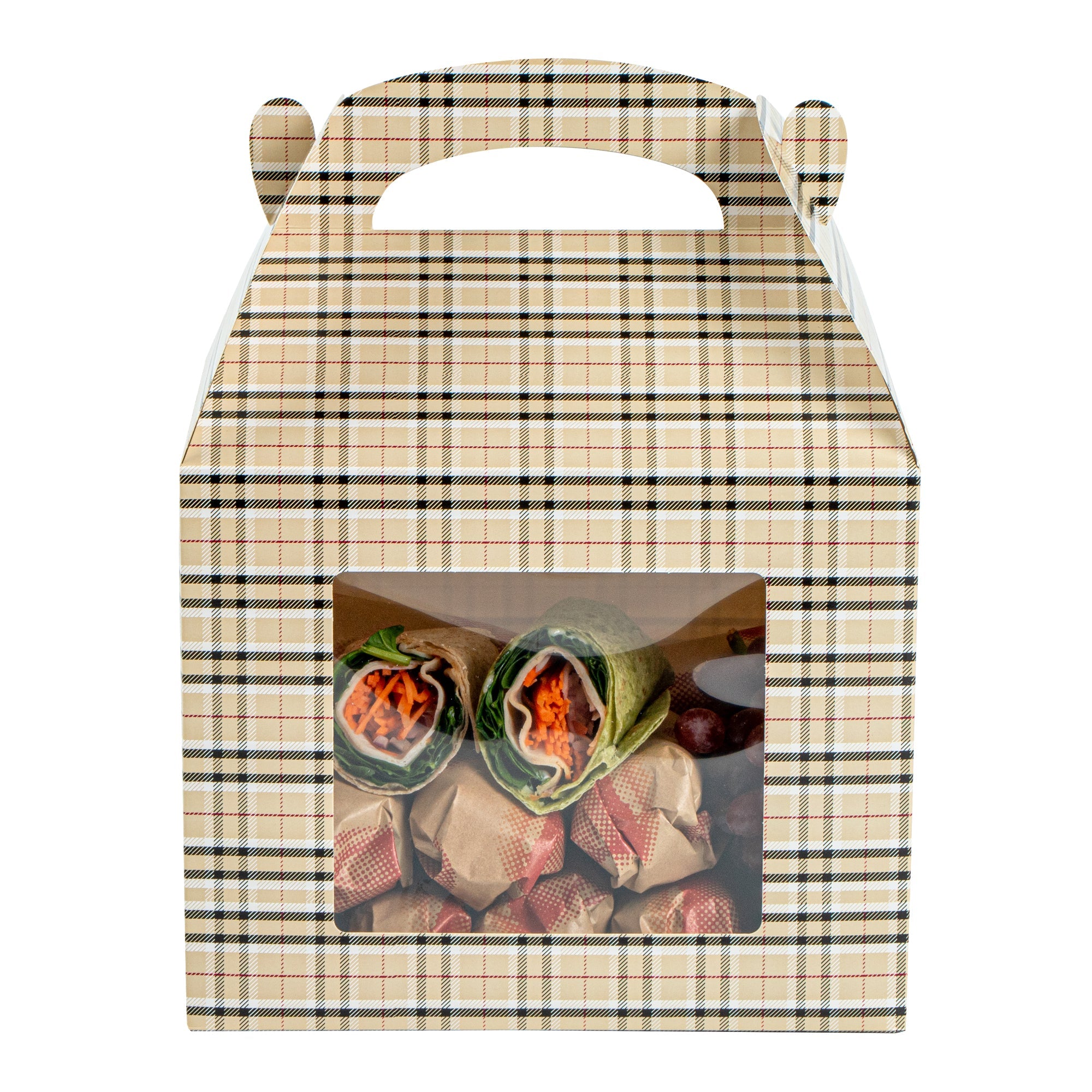Bio Tek Plaid Paper Gable Box / Take Out Container - with Window - 10" x 7" x 8" - 100 count box