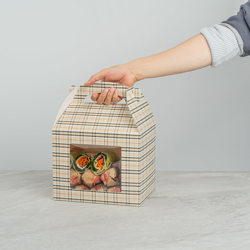 Bio Tek Plaid Paper Gable Box / Take Out Container - with Window - 10" x 7" x 8" - 100 count box