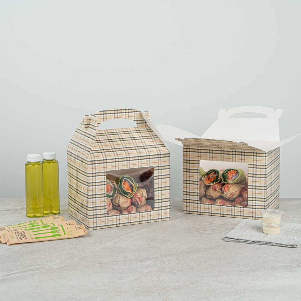 Bio Tek Plaid Paper Gable Box / Take Out Container - with Window - 10" x 7" x 8" - 100 count box