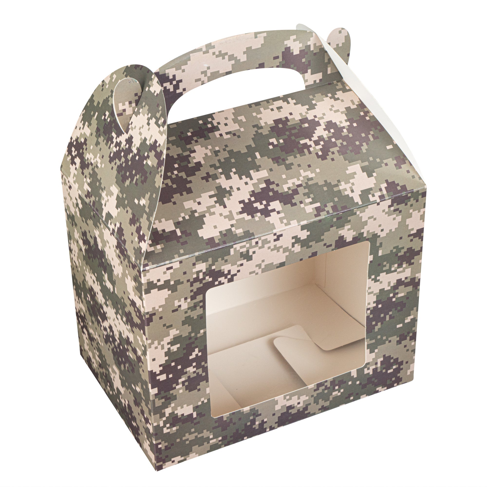 Bio Tek Camouflage Paper Gable Box / Take Out Container - with Window - 10" x 7" x 8" - 100 count box