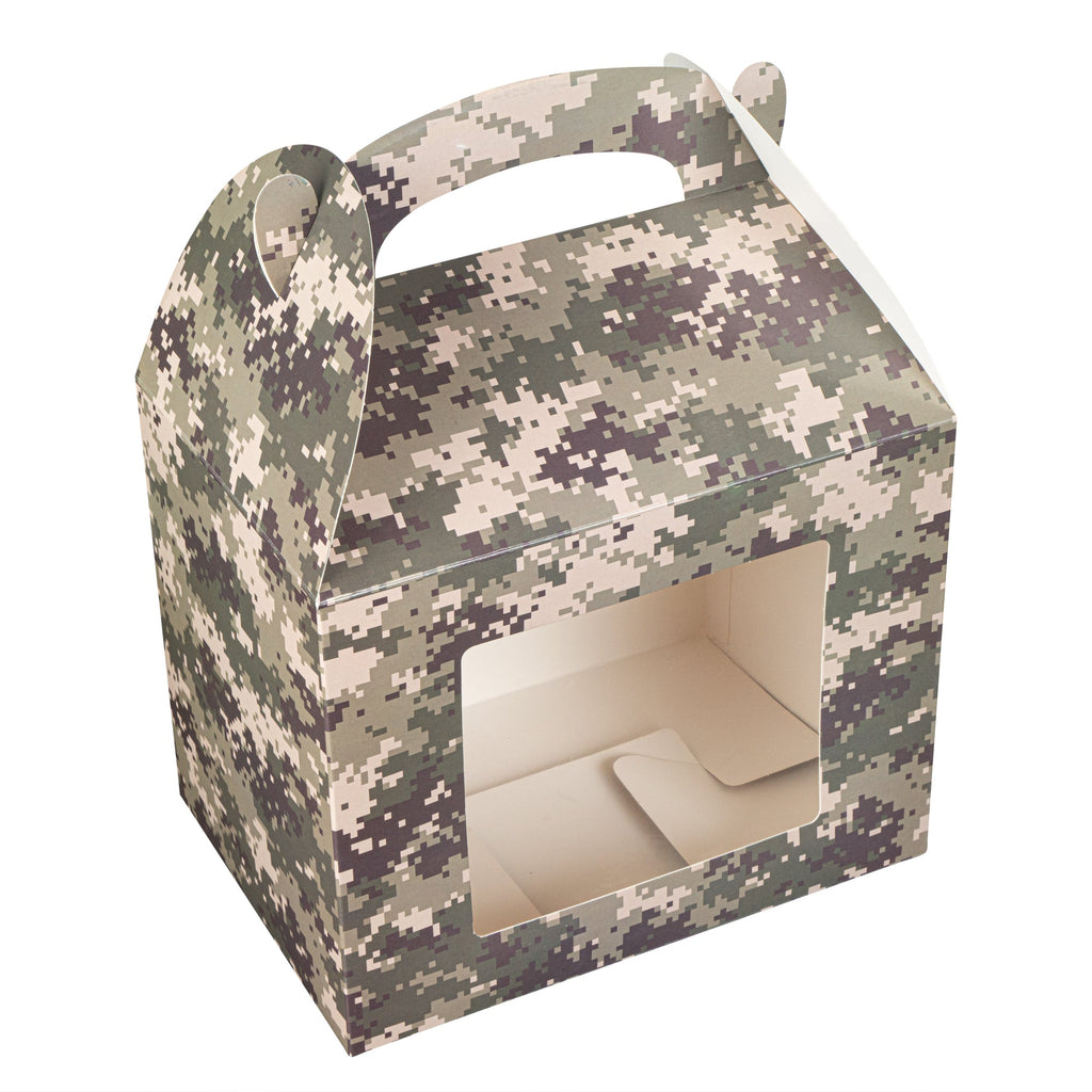 Bio Tek Camouflage Paper Gable Box / Take Out Container - with Window - 10" x 7" x 8" - 25 count box