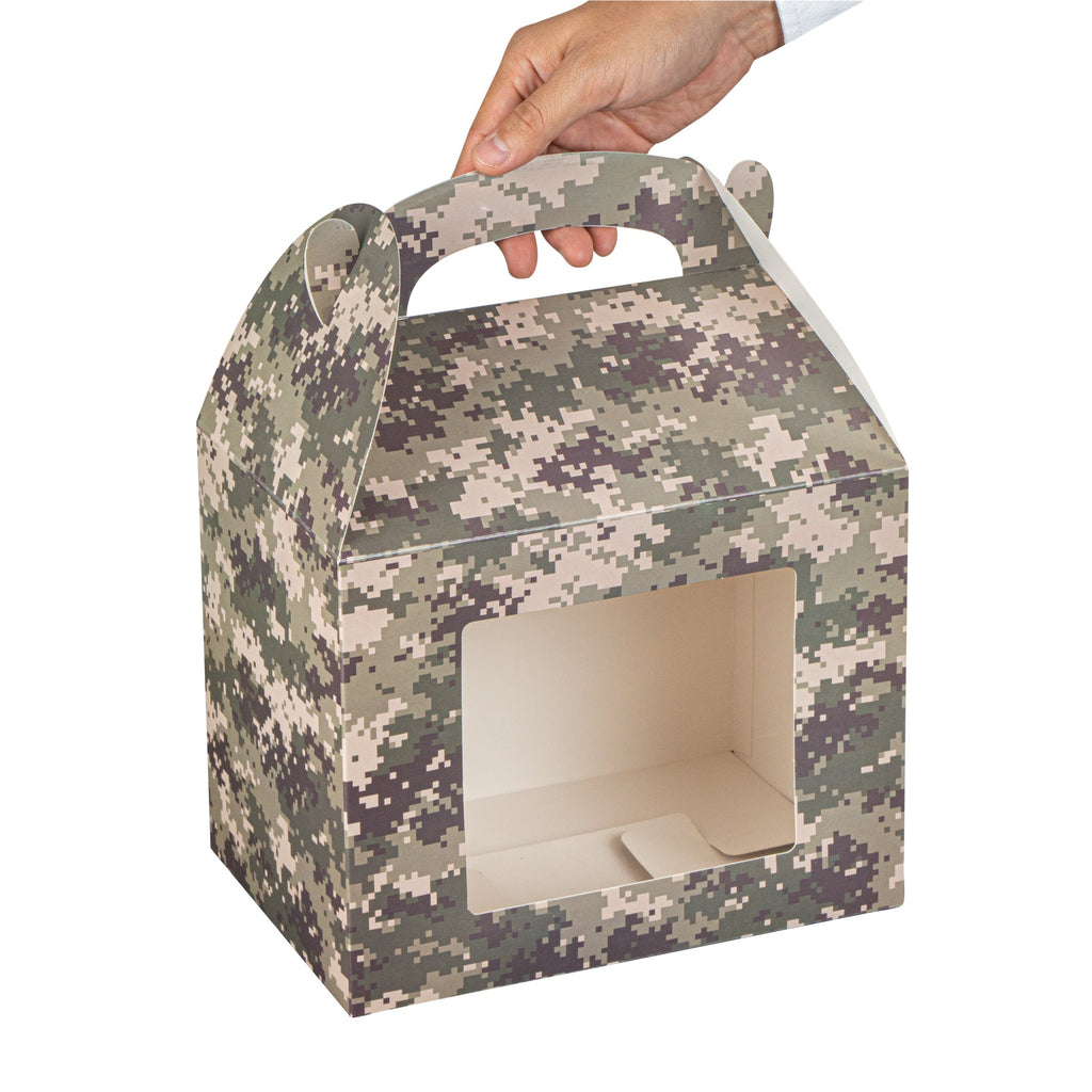 Bio Tek Camouflage Paper Gable Box / Take Out Container - with Window - 10" x 7" x 8" - 25 count box