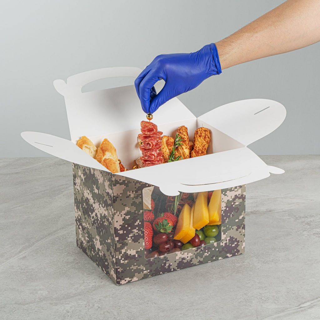 Bio Tek Camouflage Paper Gable Box / Take Out Container - with Window - 10" x 7" x 8" - 25 count box