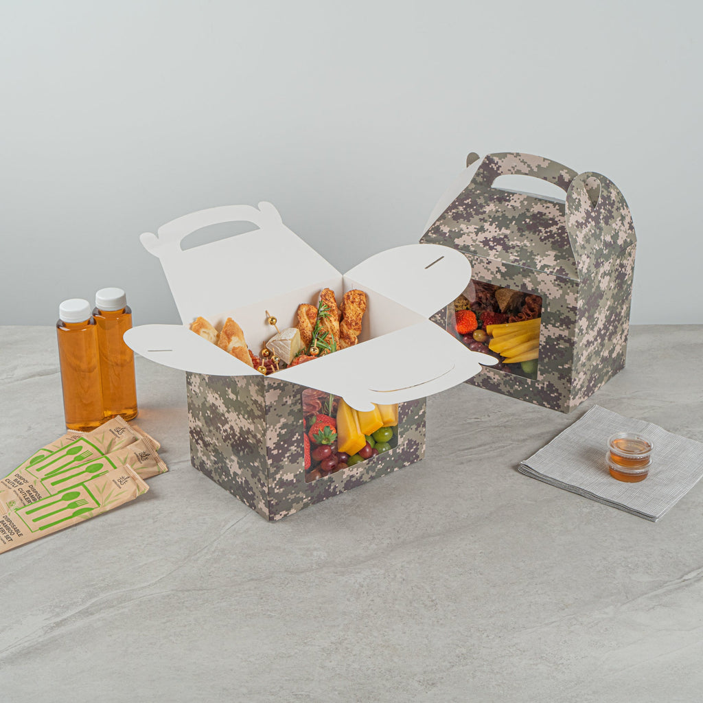 Bio Tek Camouflage Paper Gable Box / Take Out Container - with Window - 10" x 7" x 8" - 100 count box