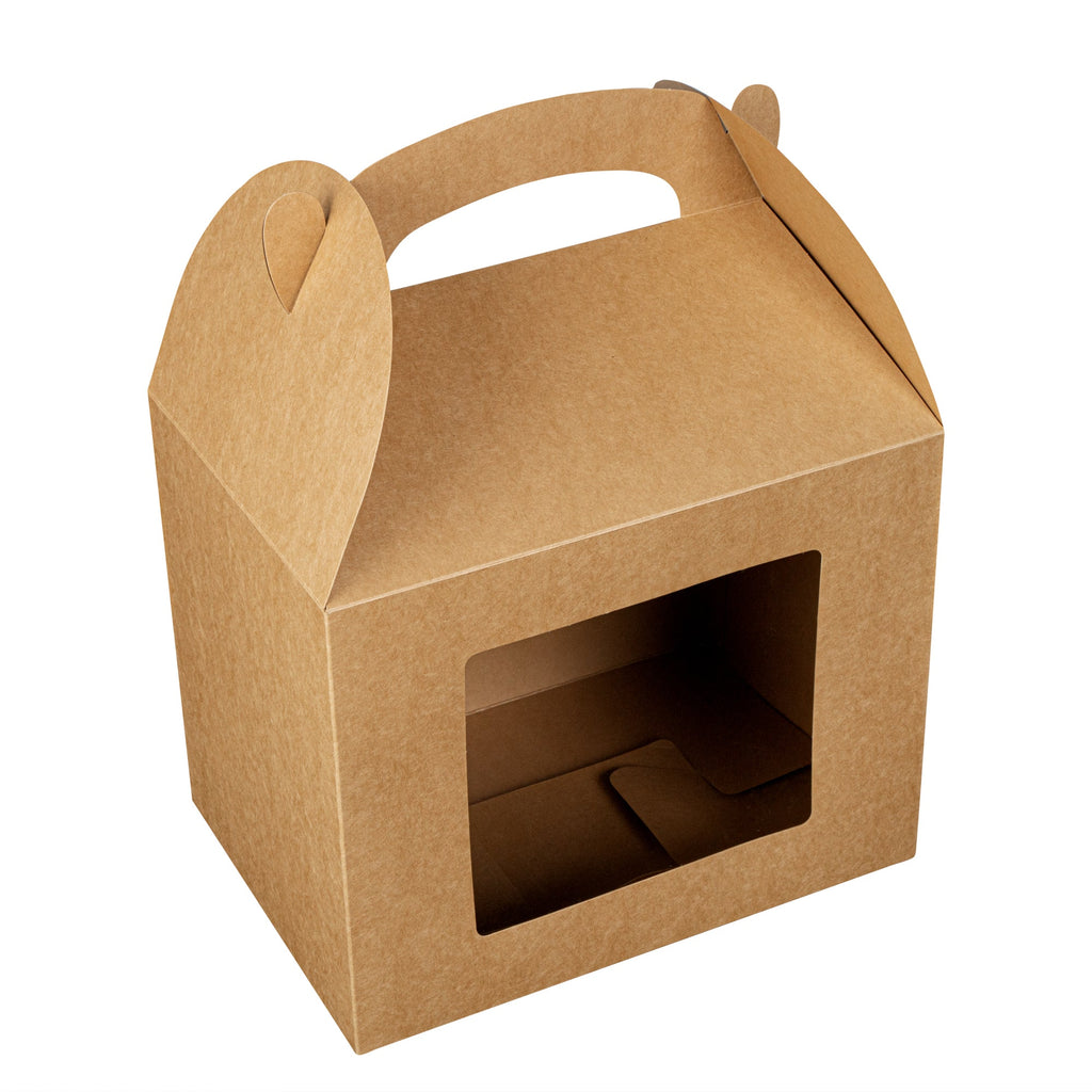 Bio Tek Kraft Paper Gable Box / Take Out Container - Greaseproof, with Window - 10" x 7" x 8" - 100 count box