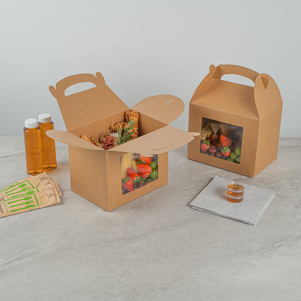 Bio Tek Kraft Paper Gable Box / Take Out Container - Greaseproof, with Window - 10" x 7" x 8" - 25 count box