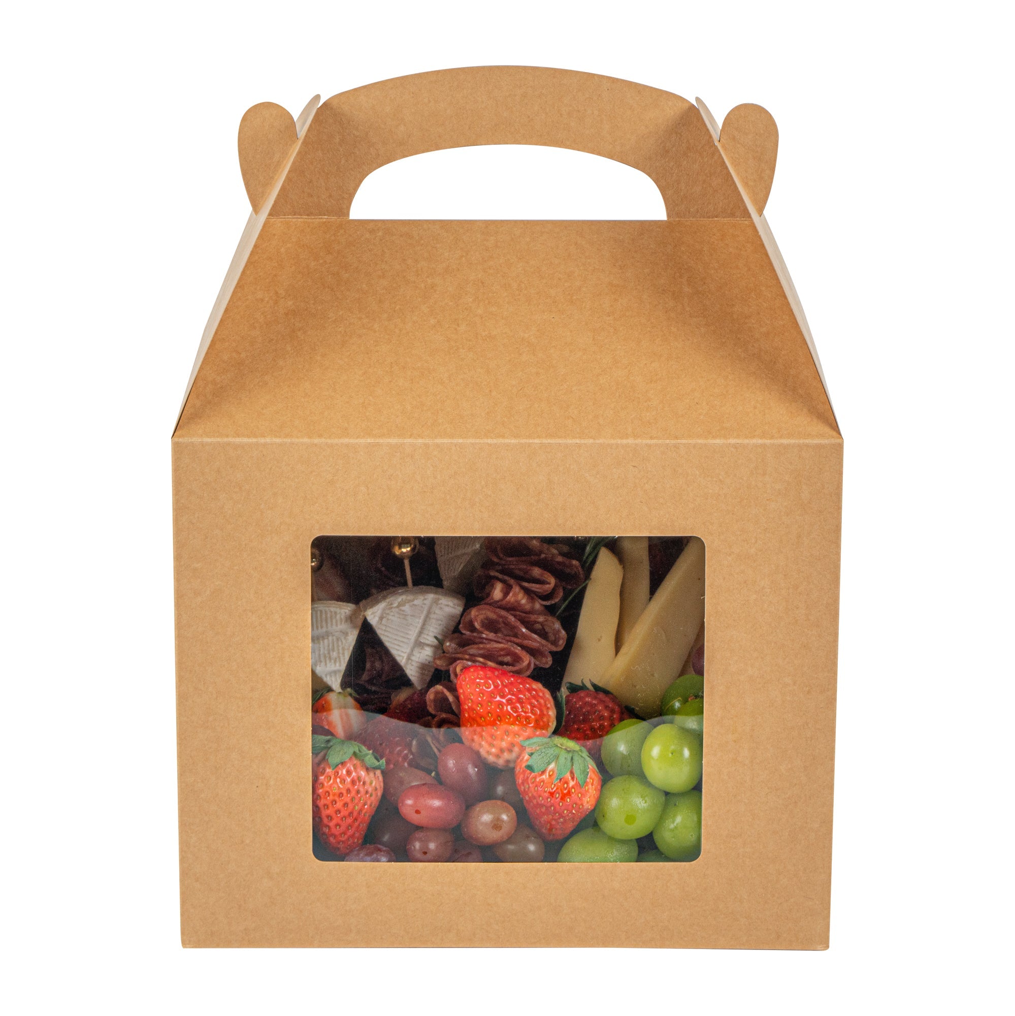 Bio Tek Kraft Paper Gable Box / Take Out Container - Greaseproof, with Window - 10" x 7" x 8" - 25 count box