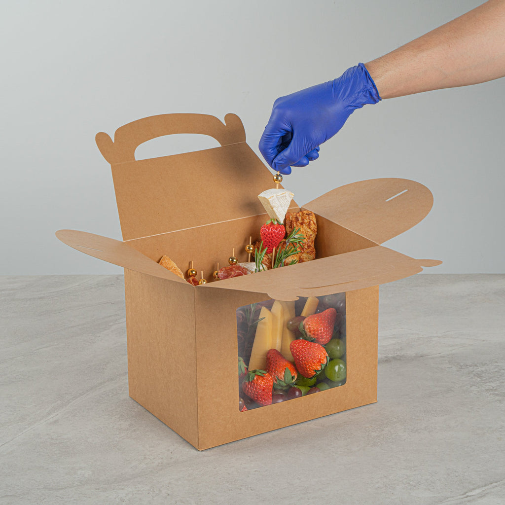 Bio Tek Kraft Paper Gable Box / Take Out Container - Greaseproof, with Window - 10" x 7" x 8" - 25 count box