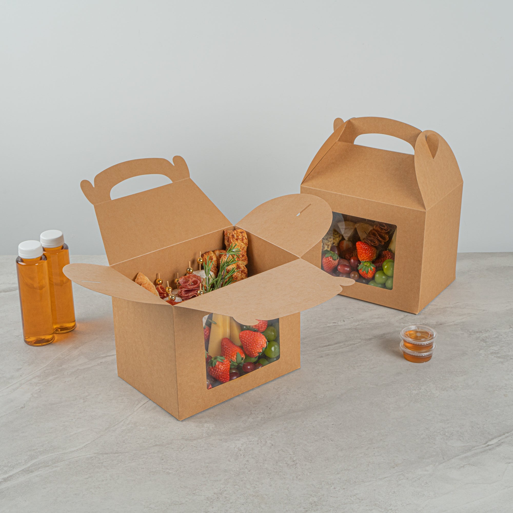 Bio Tek Kraft Paper Gable Box / Take Out Container - Greaseproof, with Window - 10" x 7" x 8" - 25 count box