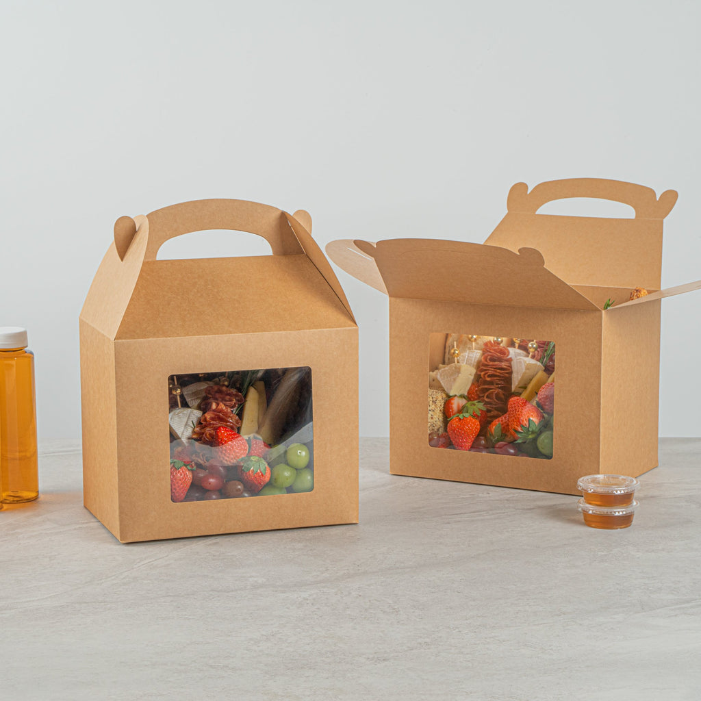 Bio Tek Kraft Paper Gable Box / Take Out Container - Greaseproof, with Window - 10" x 7" x 8" - 25 count box