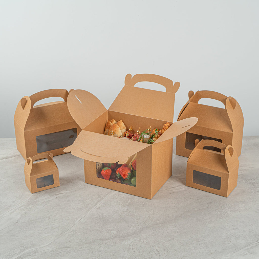 Bio Tek Kraft Paper Gable Box / Take Out Container - Greaseproof, with Window - 10" x 7" x 8" - 25 count box