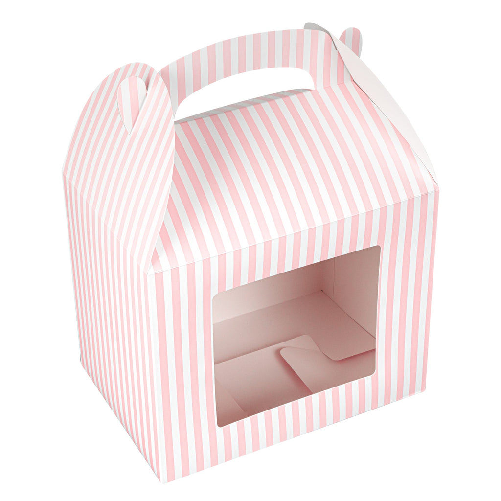Bio Tek Pink and White Stripe Paper Gable Box / Take Out Container - with Window - 10" x 7" x 8" - 25 count box