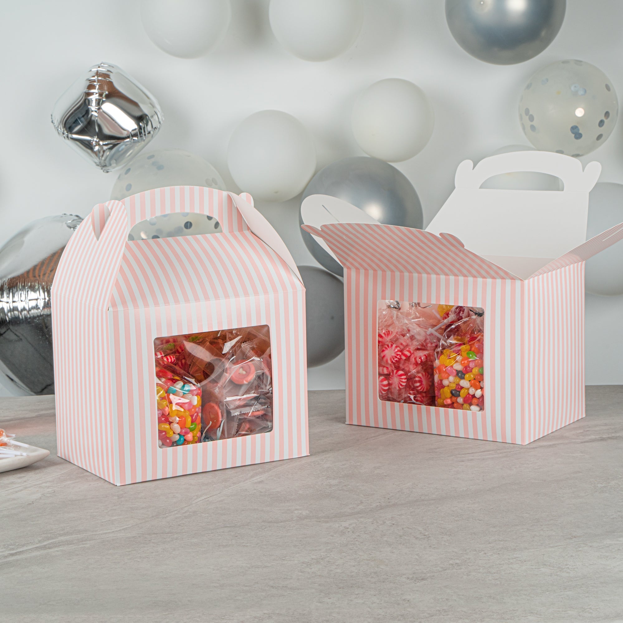 Bio Tek Pink and White Stripe Paper Gable Box / Take Out Container - with Window - 10" x 7" x 8" - 25 count box