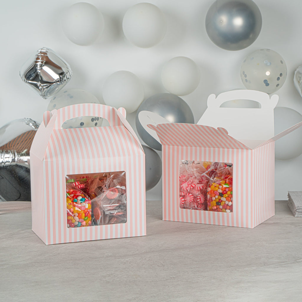 Bio Tek Pink and White Stripe Paper Gable Box / Take Out Container - with Window - 10" x 7" x 8" - 25 count box