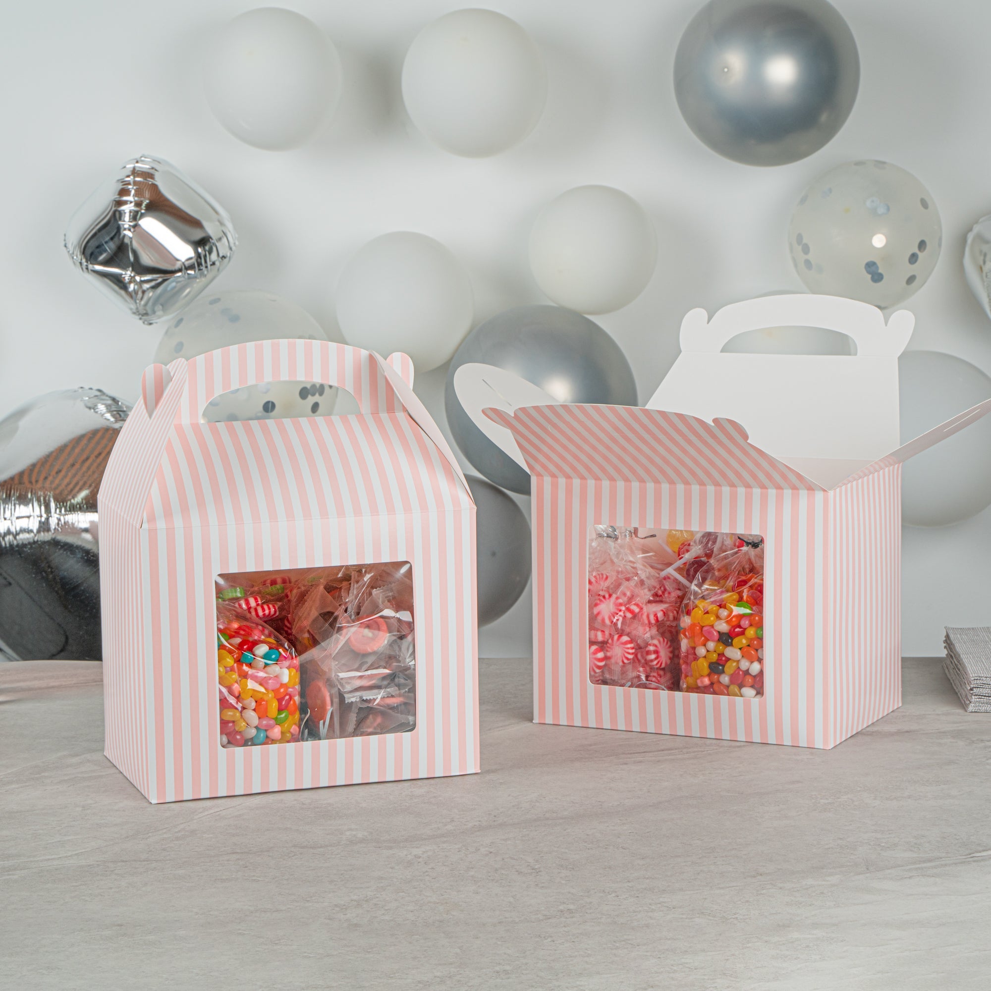 Bio Tek Pink and White Stripe Paper Gable Box / Take Out Container - with Window - 10" x 7" x 8" - 25 count box