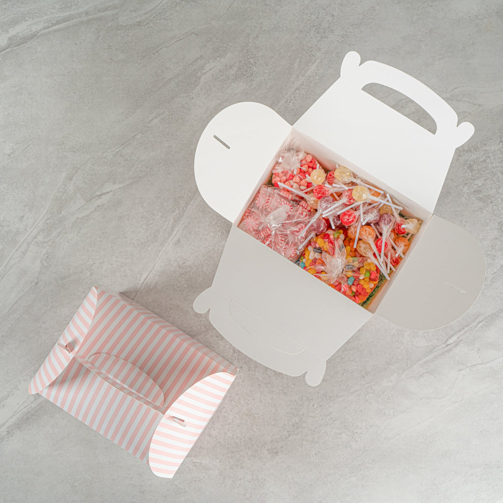 Bio Tek Pink and White Stripe Paper Gable Box / Take Out Container - with Window - 10" x 7" x 8" - 25 count box