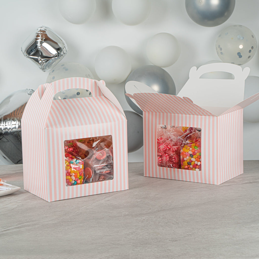 Bio Tek Pink and White Stripe Paper Gable Box / Take Out Container - with Window - 10" x 7" x 8" - 100 count box