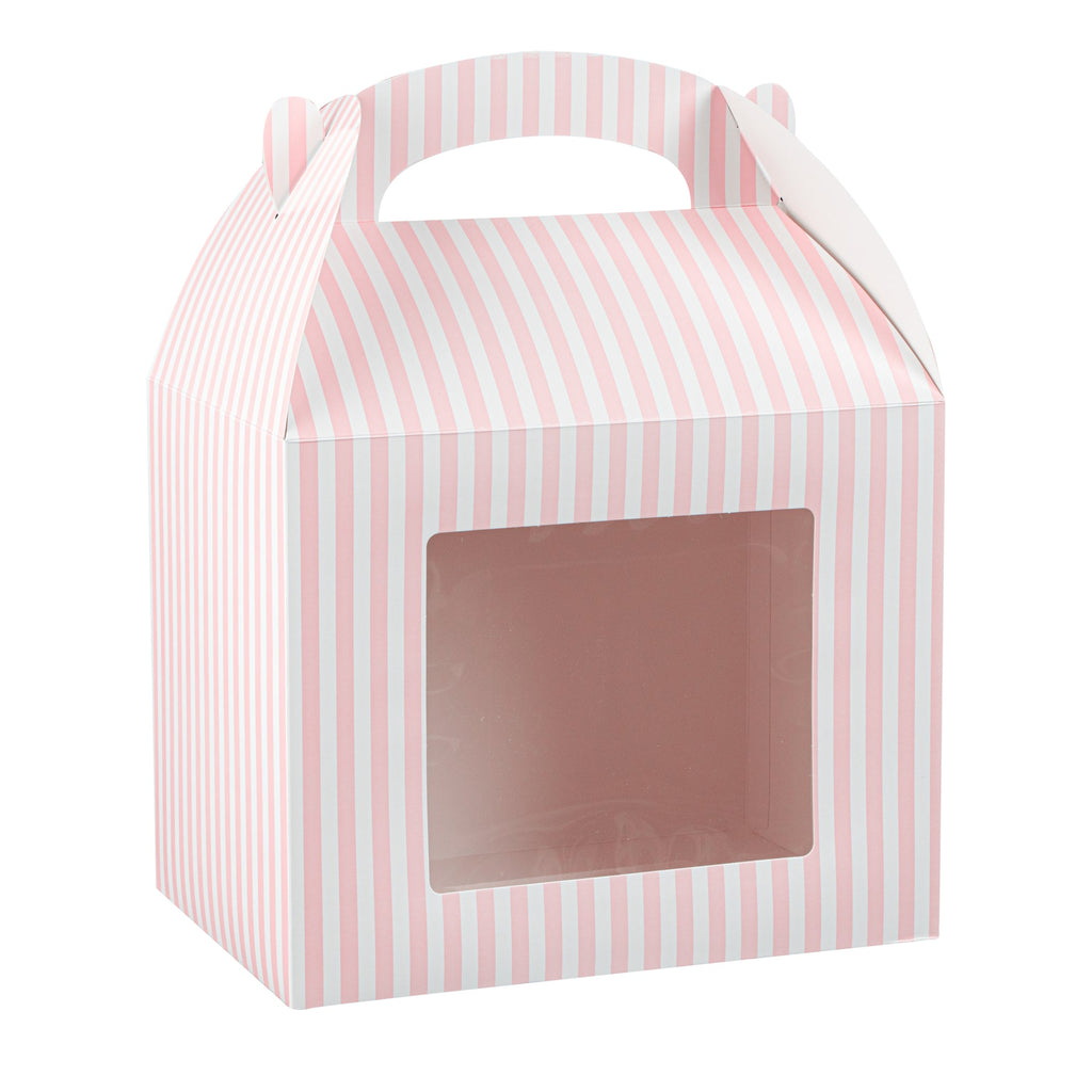Bio Tek Pink and White Stripe Paper Gable Box / Take Out Container - with Window - 10" x 7" x 8" - 100 count box
