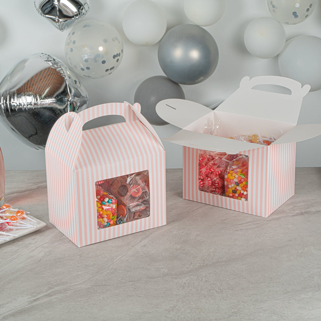 Bio Tek Pink and White Stripe Paper Gable Box / Take Out Container - with Window - 10" x 7" x 8" - 100 count box
