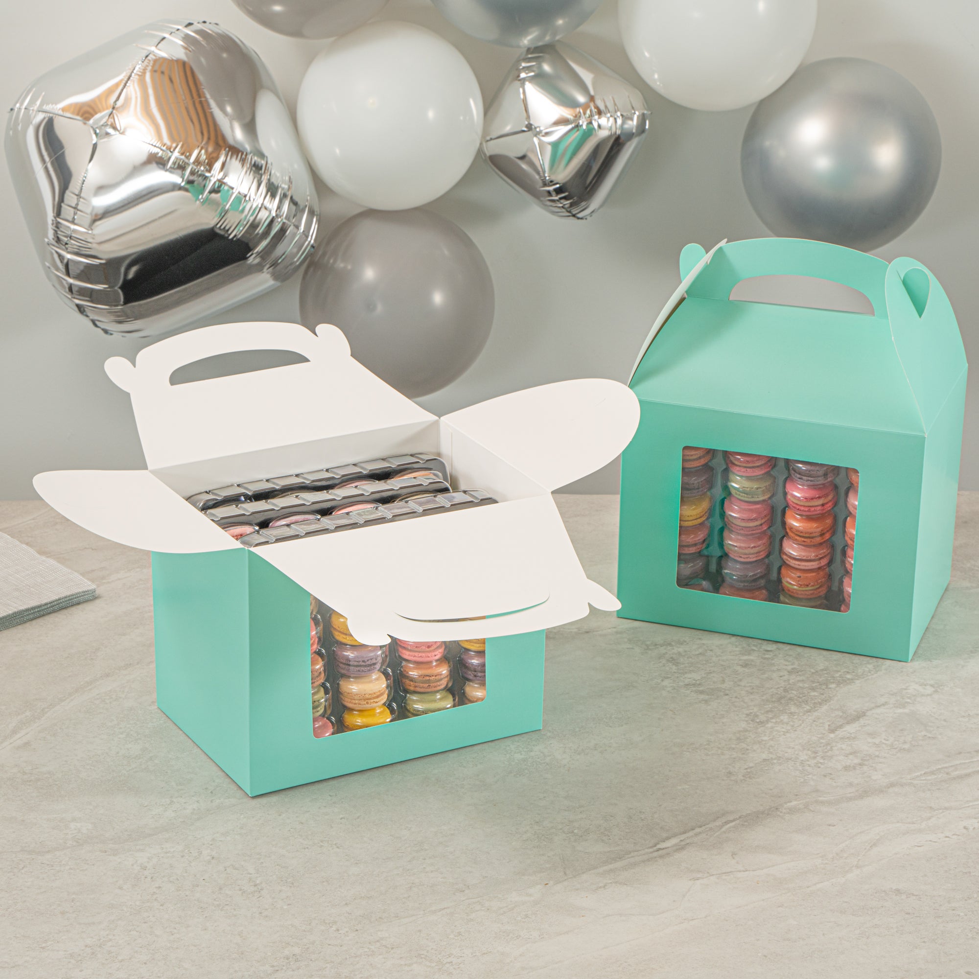 Bio Tek Turquoise Paper Gable Box / Take Out Container - Grease-Resistant, with Window - 10" x 7" x 8" - 25 count box