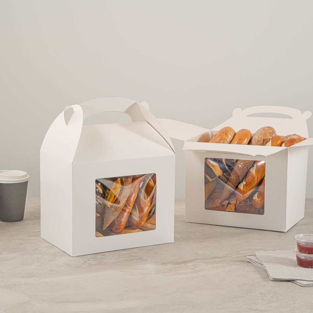 Bio Tek White Paper Gable Box / Take Out Container - Greaseproof, with Window - 10" x 7" x 8" - 100 count box