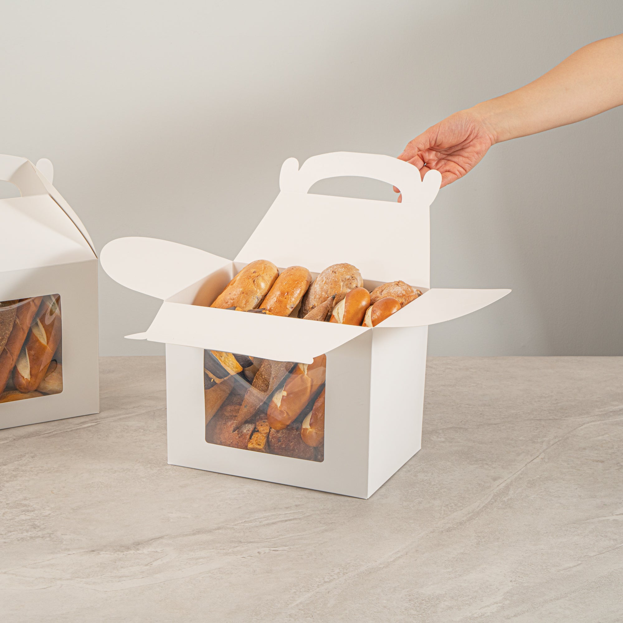 Bio Tek White Paper Gable Box / Take Out Container - Greaseproof, with Window - 10" x 7" x 8" - 100 count box