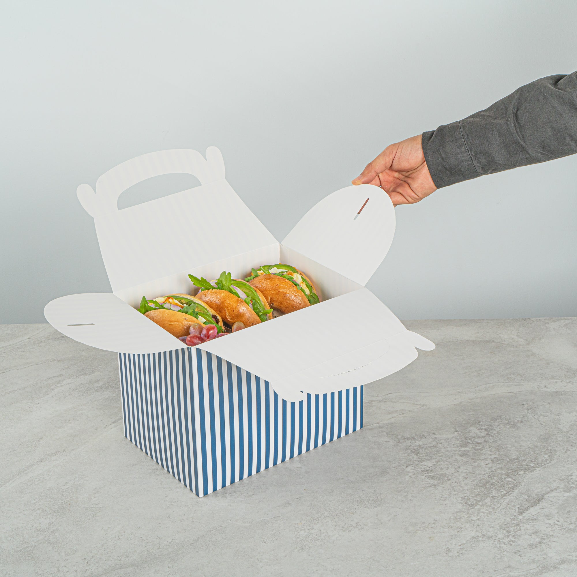 Bio Tek Blue and White Stripe Paper Gable Box / Take Out Container - Compostable - 10" x 7" x 8" - 100 count box